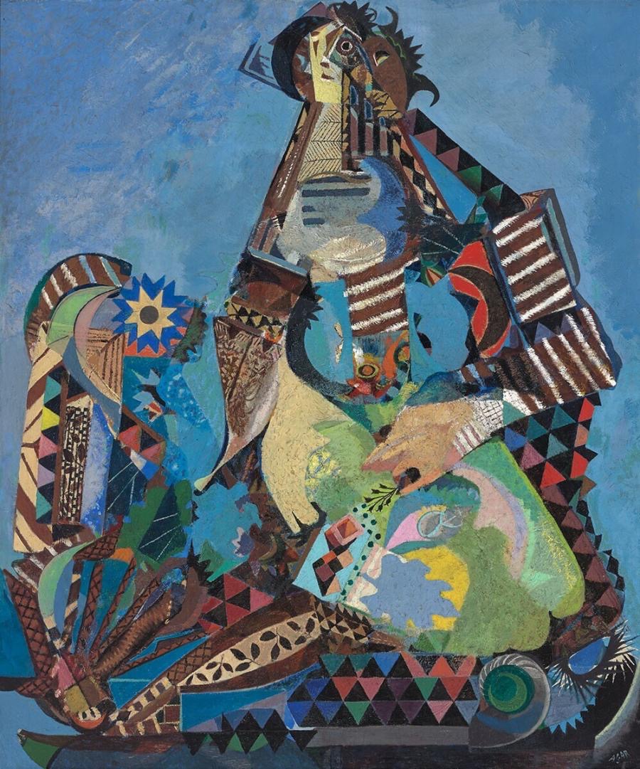Abstract painting of stylized seated figure with geometric patterns and vibrant colors on blue background
