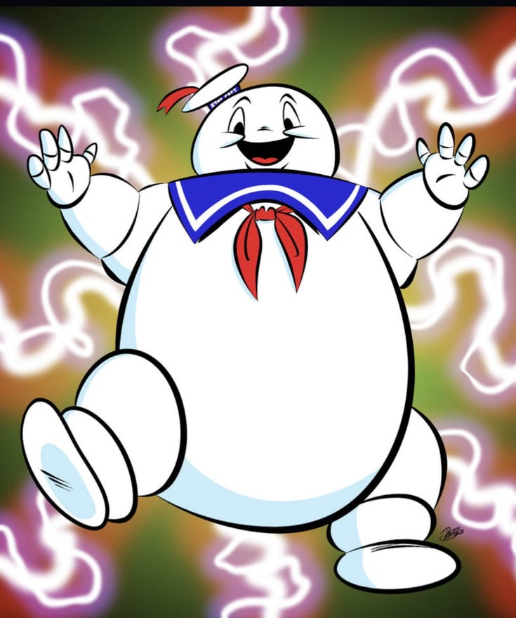 Smiling cartoon marshmallow man in a sailor outfit with a colorful glowing background