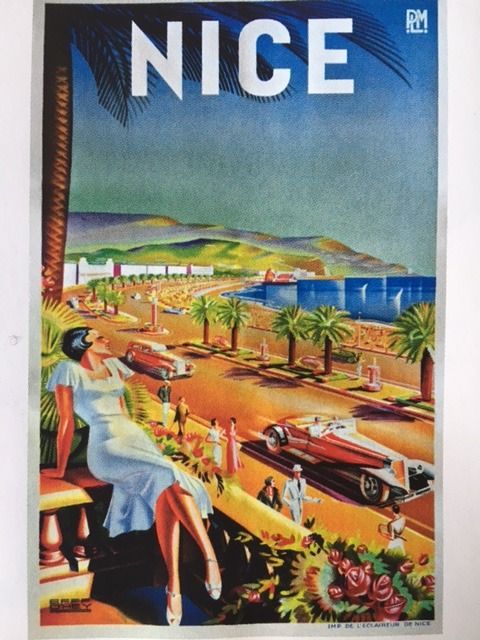 Vintage travel poster showing Nice France waterfront with beach, palm trees, cars, and Mediterranean Sea