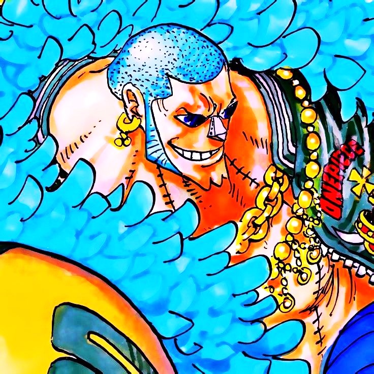 Anime character Franky from ONE PIECE with blue hair and cybernetic features grinning confidently