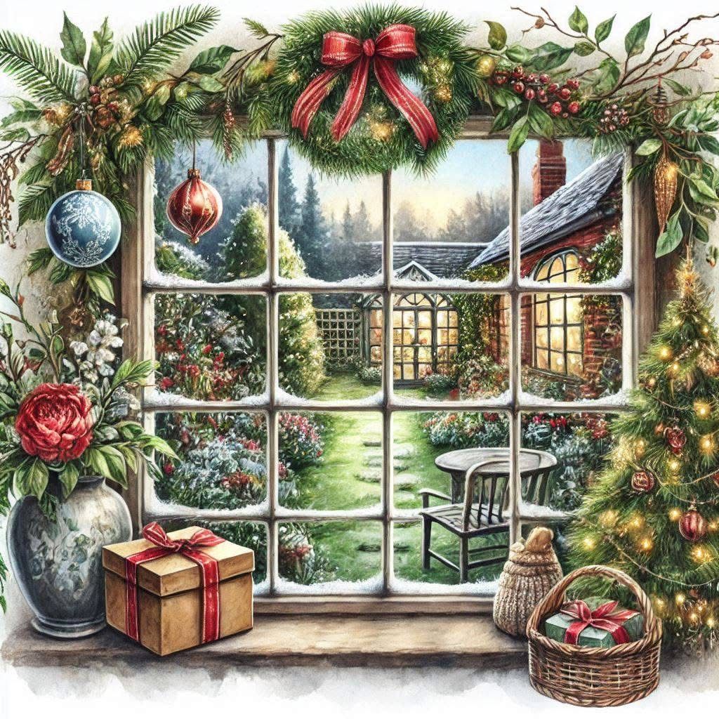 Christmas-decorated window showing winter cottage scene with garland, ornaments, gifts, and snowy garden view