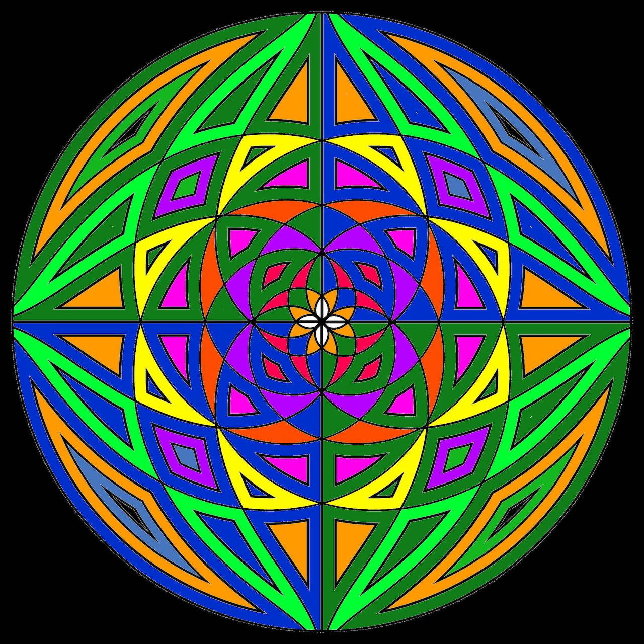 Colorful geometric mandala with radiating triangular and diamond patterns in rainbow hues on black