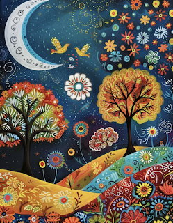 Whimsical folk art scene with moon, trees, flowers, and birds in vibrant colors on blue background