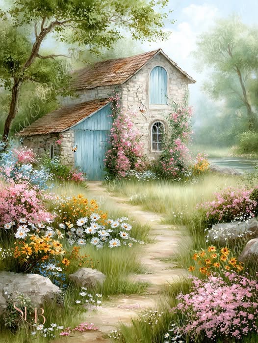 Cottage with flower garden in morning light