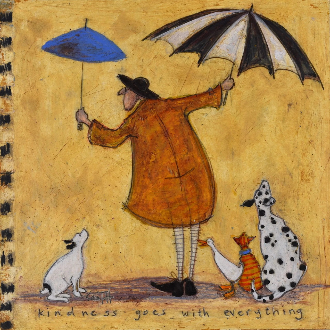 Woman in orange coat sheltering animals with umbrellas in folk art style painting