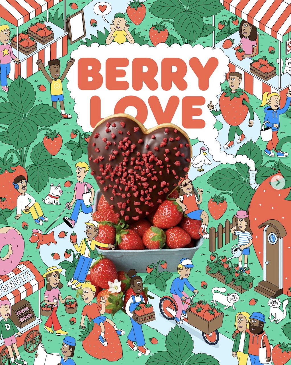 Colorful illustration with a chocolate heart and fresh strawberries surrounded by people and strawberry fields