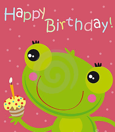Cute green cartoon frog holding cupcake with candle on pink background with Happy Birthday text