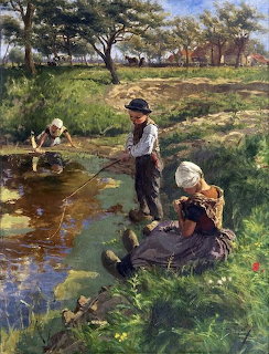Painting of three children by a pond in a grassy rural landscape with trees