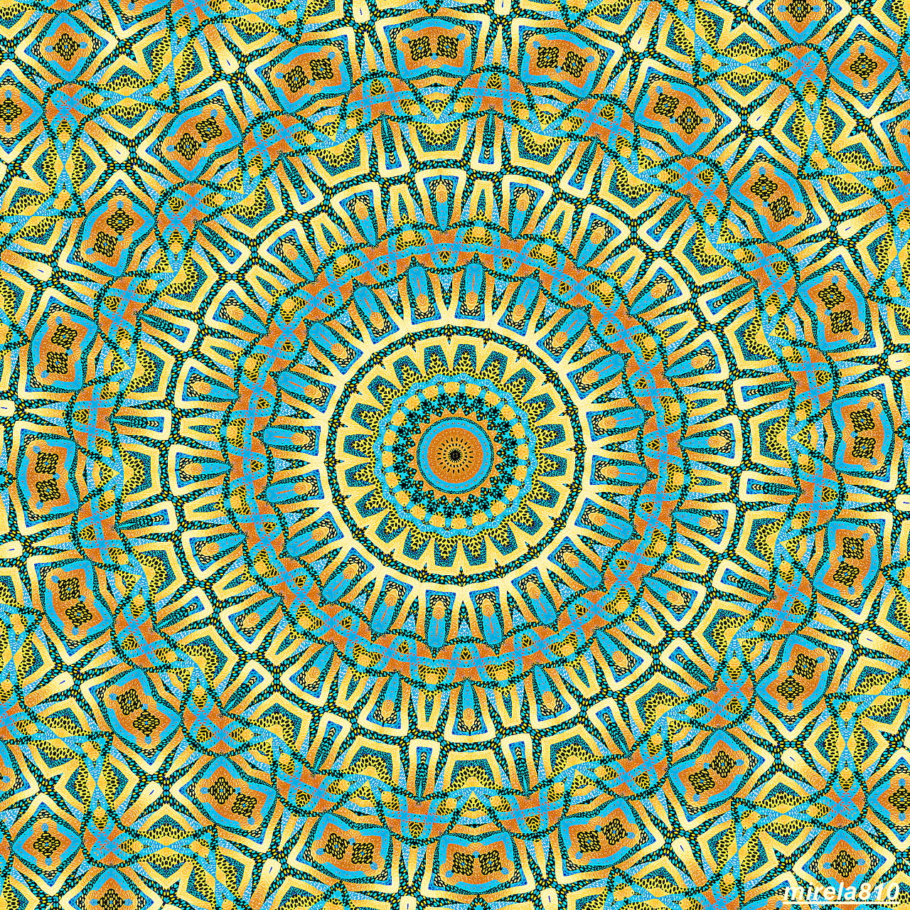 Colorful geometric mandala with concentric circular patterns in turquoise, yellow, and orange