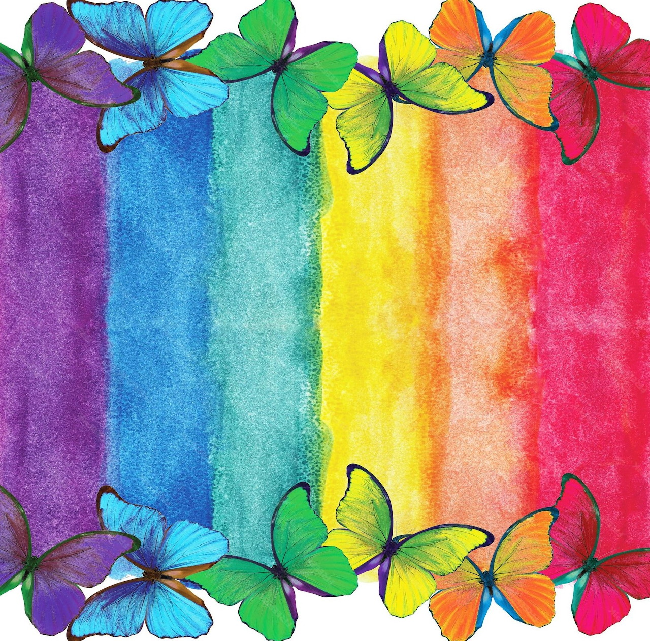 Butterflies in rainbow colors arranged on vertical watercolor gradient stripes from purple through blue, green, yellow to pink