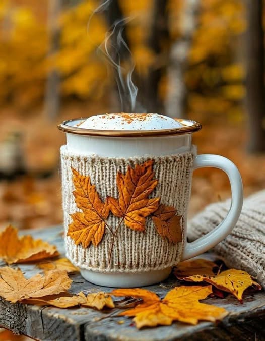 Steaming coffee mug with a knitted autumn leaf sleeve on a wooden table covered in fallen leaves.