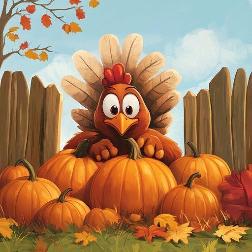 Cartoon turkey behind several orange pumpkins near a wooden fence with autumn leaves