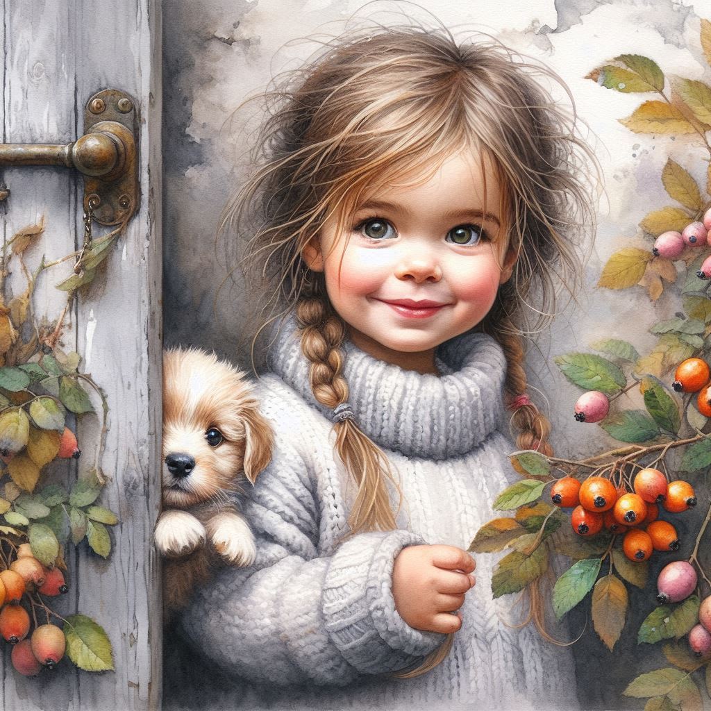 Illustrated girl in gray sweater holding white puppy surrounded by fall foliage and berries