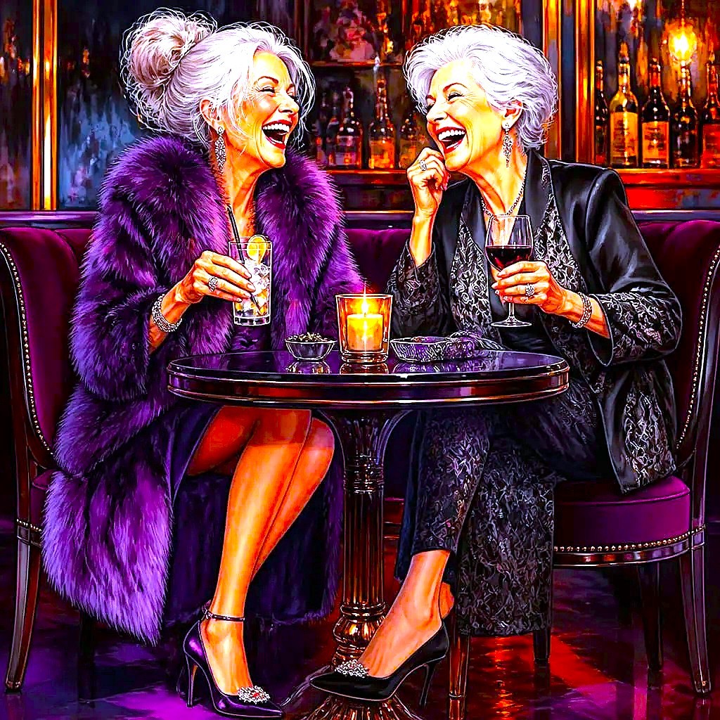 Colorful illustration of two stylish elderly women laughing at a small table with drinks