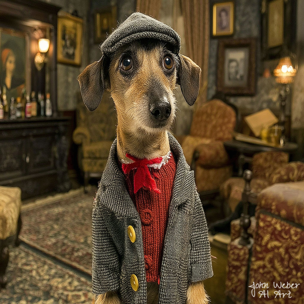 Dachshund dog dressed in tweed cap and jacket with red bow tie in ornate vintage room
