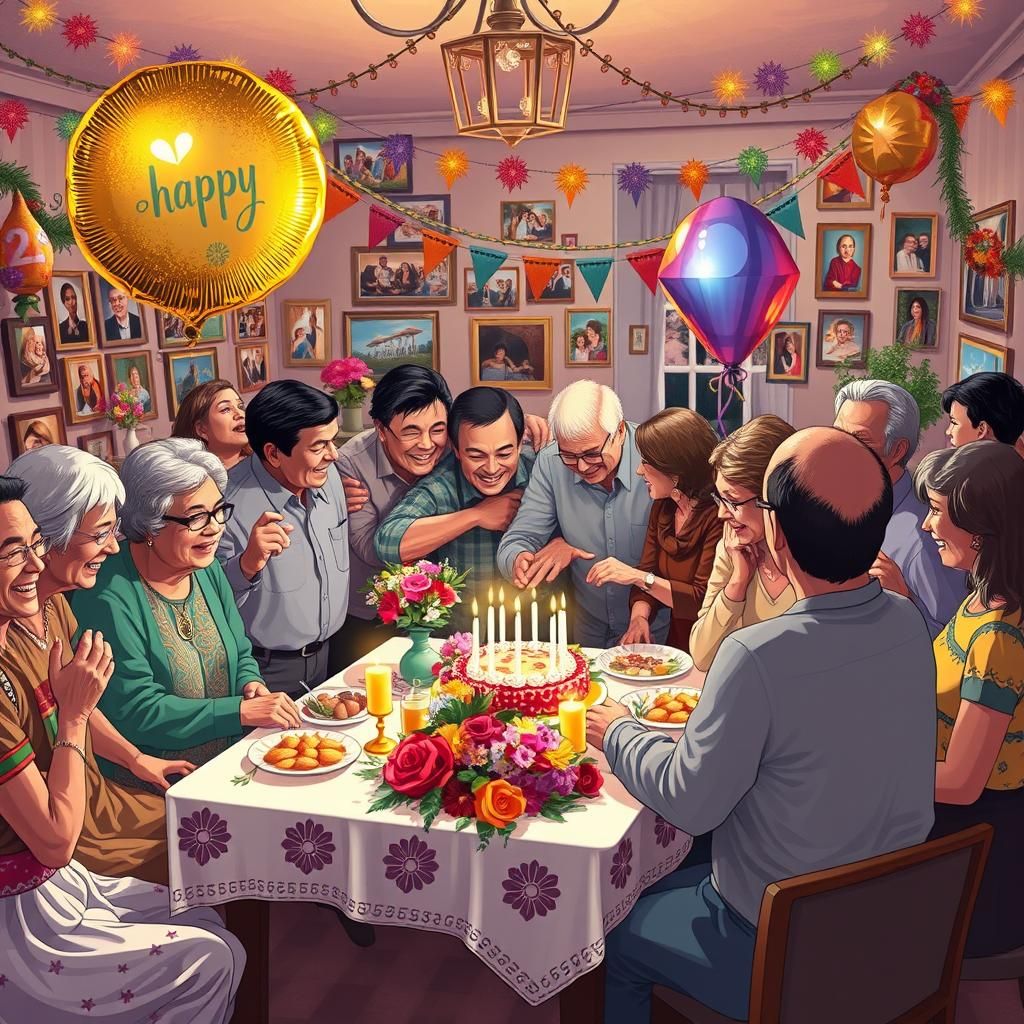 Illustration of a family gathered around a birthday cake with candles, balloons, and photos on the wall