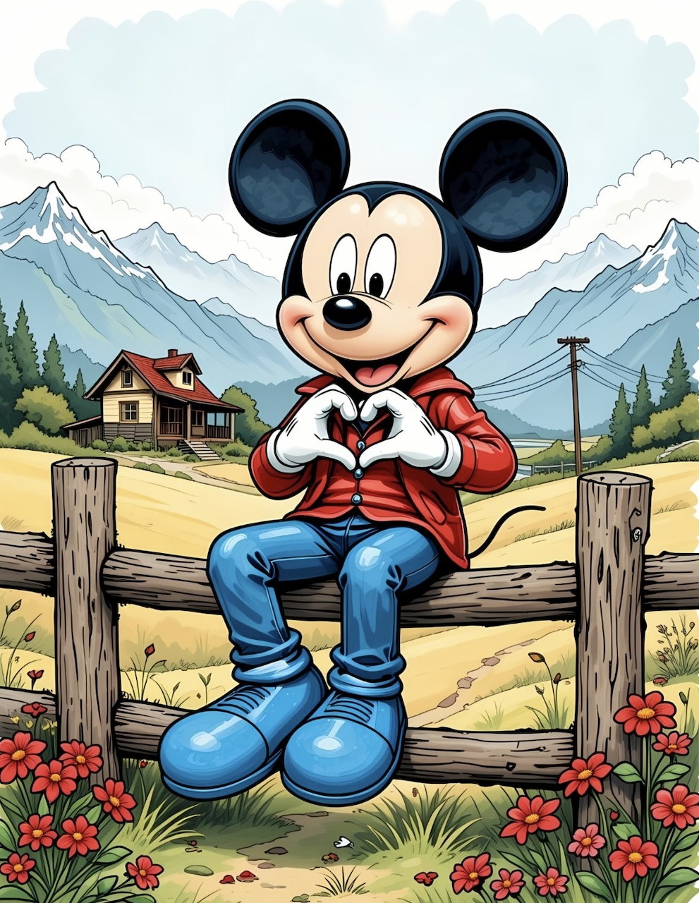 Mickey Mouse on fence making heart hand gesture in mountain landscape with cottage and flowers