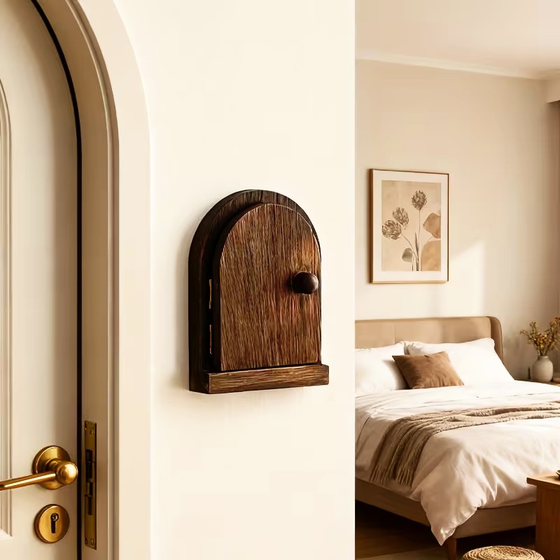 Small arched wooden fairy door on a wall next to a cozy modern bedroom