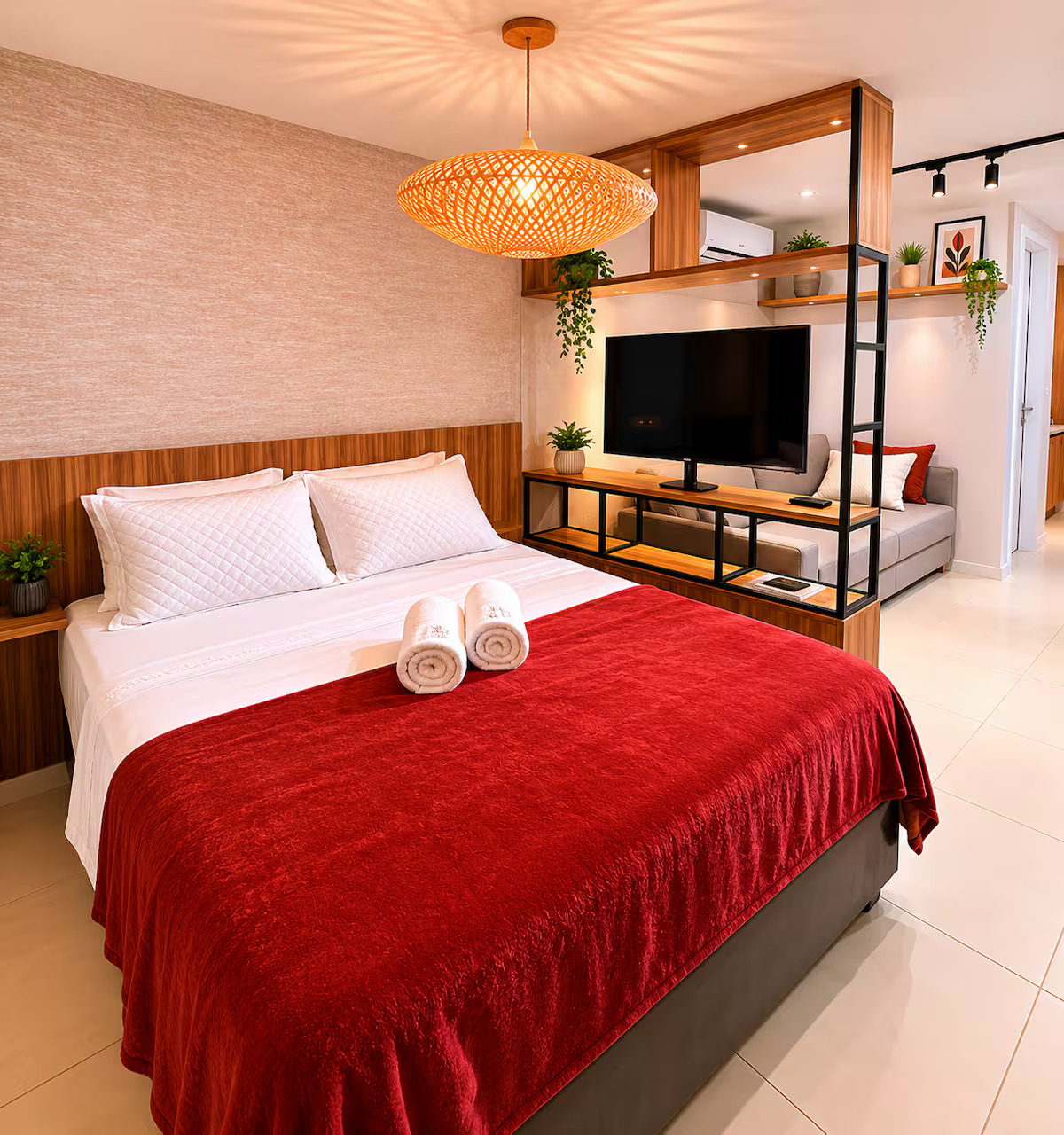 Modern bedroom with red bedspread, white pillows, rolled towels, and TV on shelving