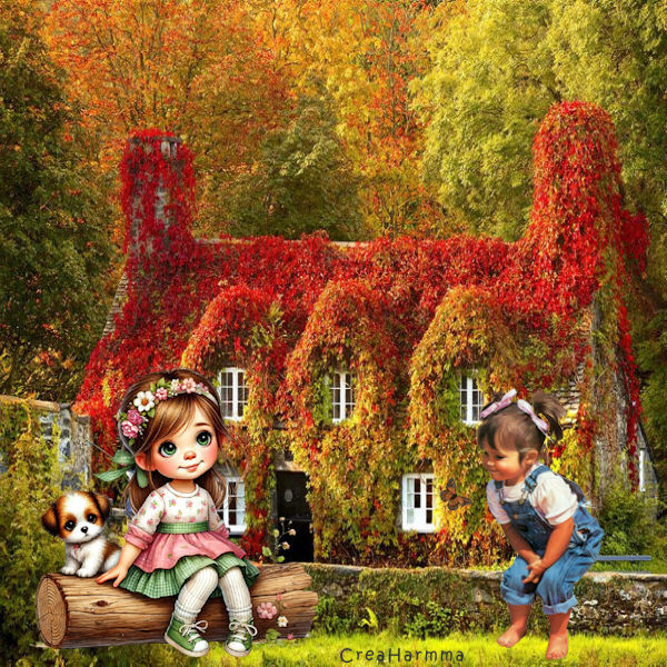 Illustrated children and a small dog beside an autumn cottage covered in red and gold leaves