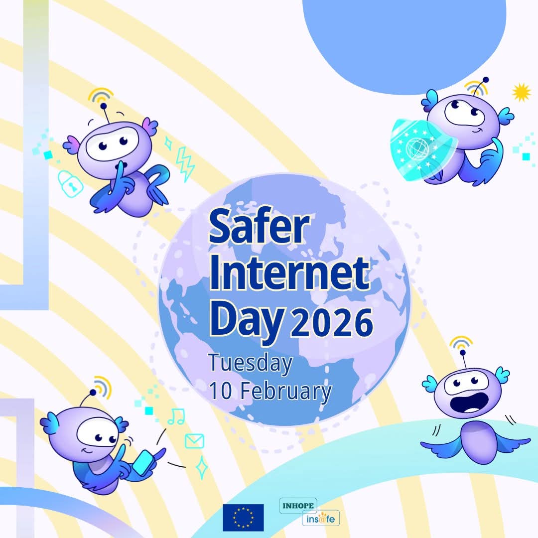 Safer Internet Day 2026 poster with four purple cartoon mascots around a blue globe