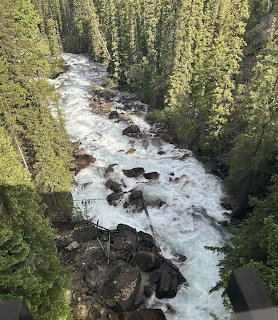 Aerial view of a rushing turquoise river winding through rocky terrain and dense evergreen forest in the Canadian Rockies