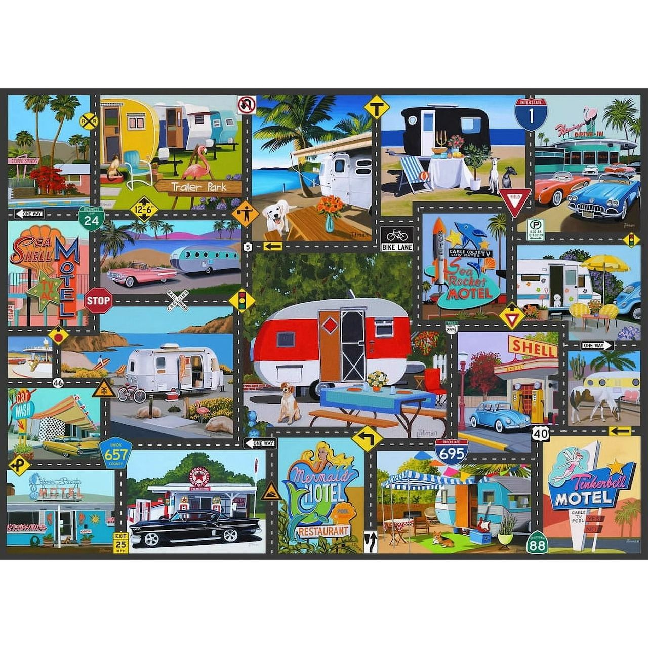 Colorful collage of retro American roadside scenes with cars, motels, trailers, and vintage signs