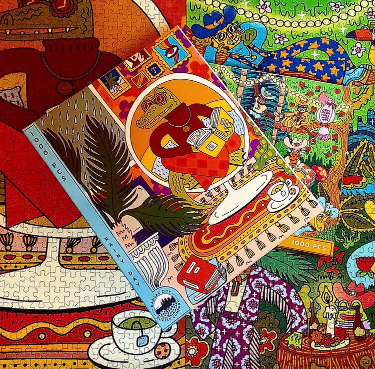 Colorful illustrated collage of overlapping jigsaw pieces with abstract doodles and patterns