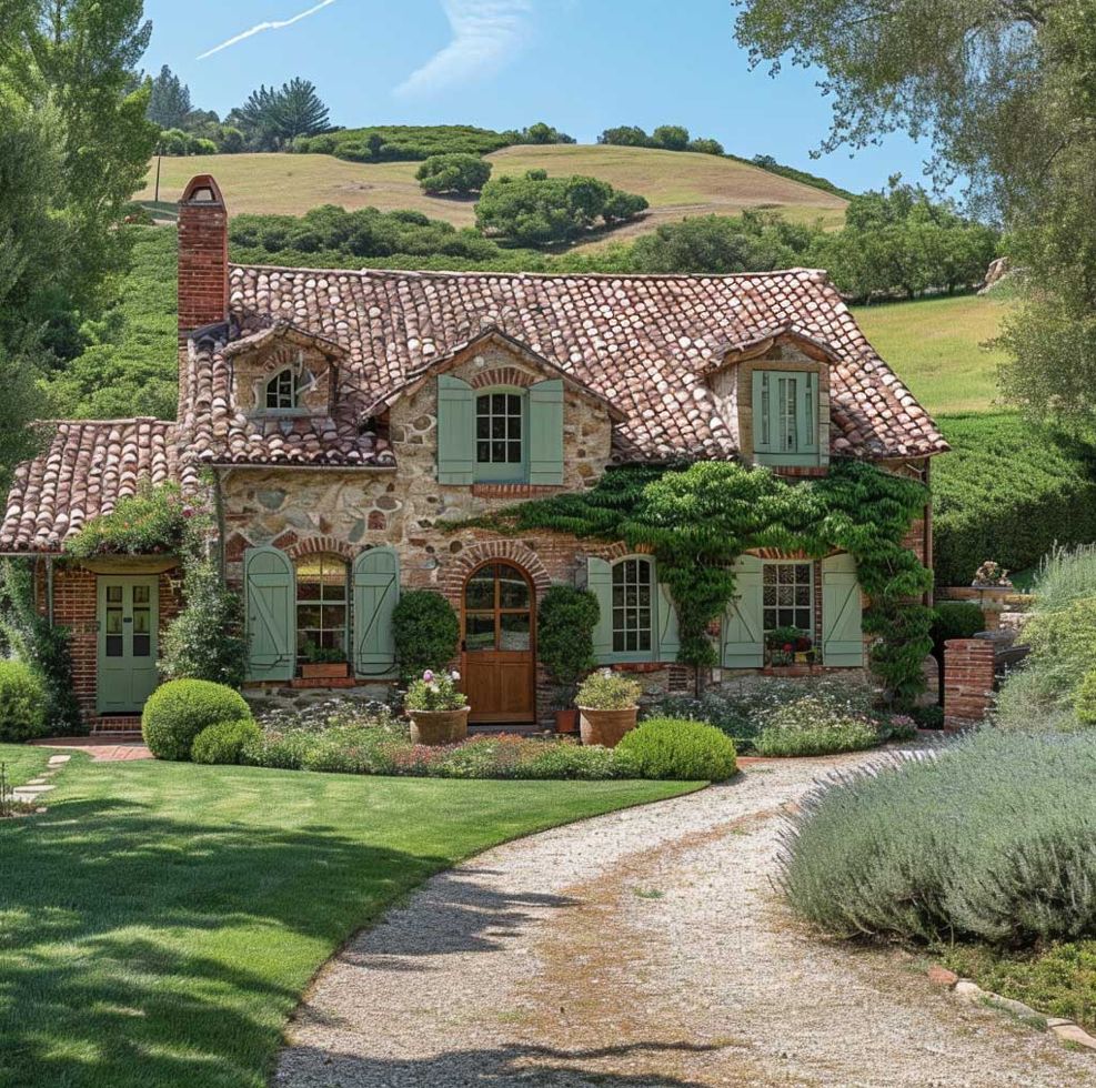Stone cottage with red tile roof and landscaped garden surrounded by hills