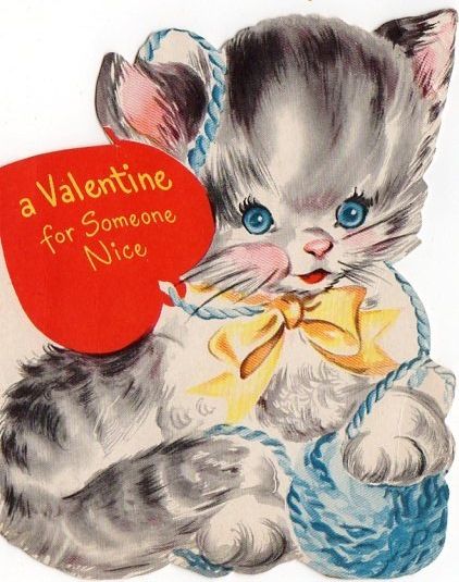 Vintage kitten illustration holding red Valentine heart card with yellow bow and blue basket