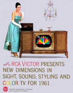 1961 RCA Victor advertisement showing woman next to wooden console television with colorful test pattern on screen