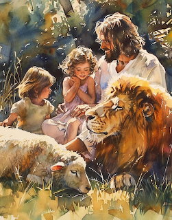 Watercolor painting of Jesus with children petting a lion and lamb in nature