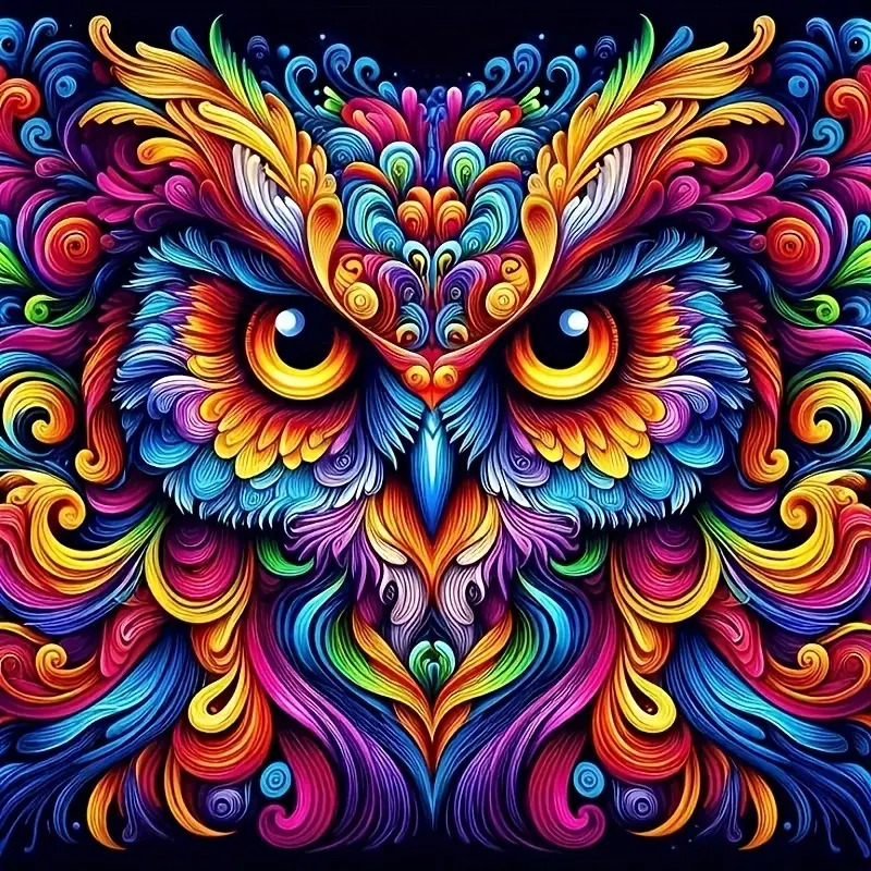 Colorful symmetrical owl face illustration with swirling multicolored feathers