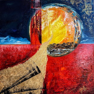 Abstract art showing paintbrush with yellow-orange bristles on textured red and blue background