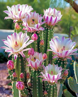 Argentine giant cactus with pink and white blooms