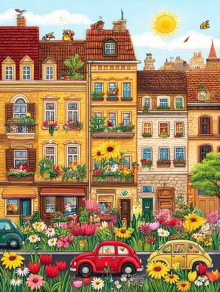 Colorful illustrated village street with townhouses, flowers, and vintage cars under a sunny sky