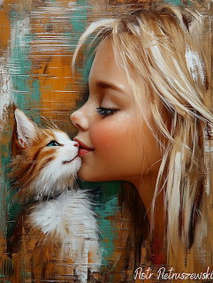 Painting of a blonde woman in profile touching noses with an orange and white cat