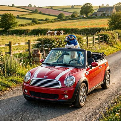 Red Mini Cooper convertible on a country lane with green hills and farmland in the background