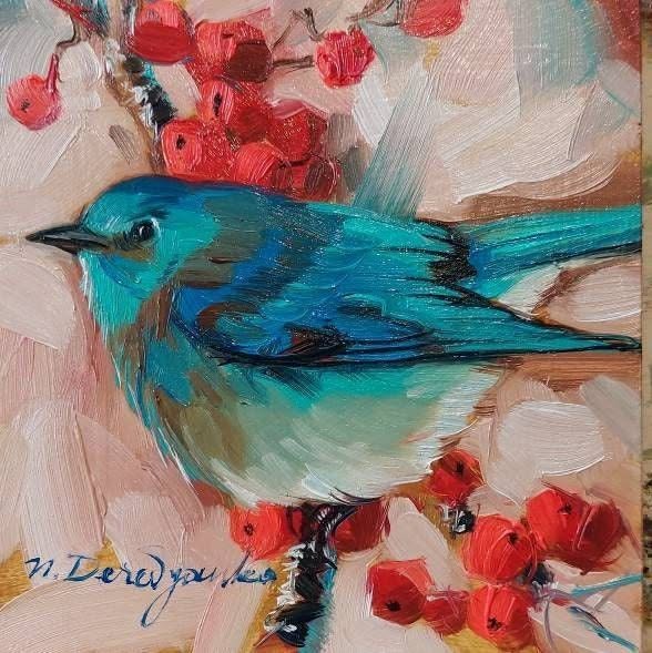 Oil painting of a blue bird surrounded by red berries on a light background