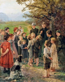 Children in 19th century clothing playing a circle game outdoors in a rural landscape painting