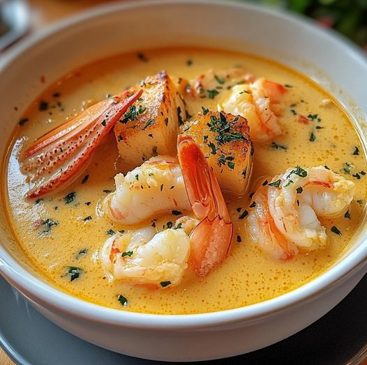 Bowl of creamy seafood bisque with shrimp and shellfish in an orange broth