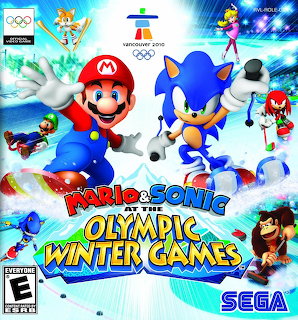 Mario and Sonic at the Olympic Winter Games video game cover art with colorful characters on snow