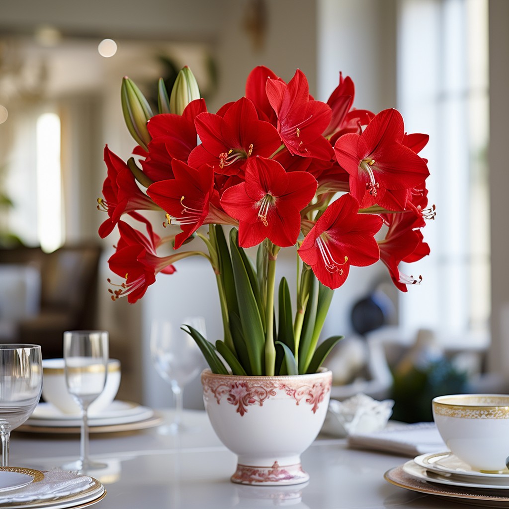 Red amaryllis flowers in a decorative vase on a dining table indoors