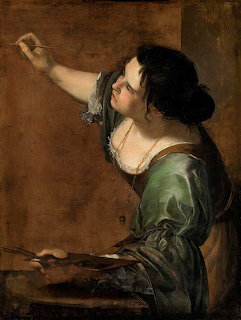 Baroque self-portrait painting of a woman with raised arm holding a paintbrush, wearing a green dress