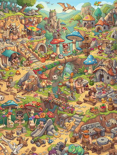 Colorful cartoon medieval village with people, animals, cottages, marketplace stalls and fantasy creatures in detailed scene