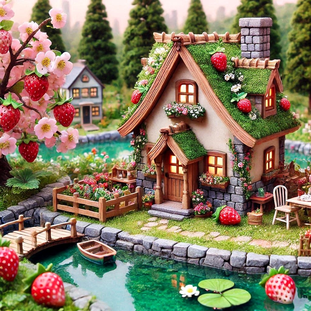 Miniature cottage with strawberries and flowers by a river with lily pads and small boats in a fantasy garden scene