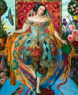 Woman in elaborate turquoise gown with floral patterns in decorative painting