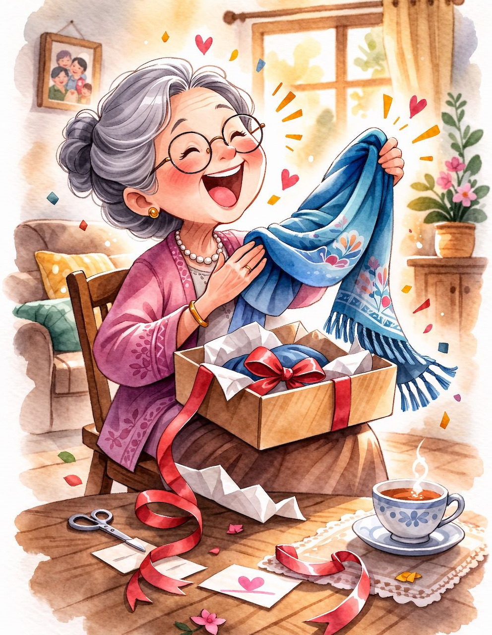 Elderly woman with glasses joyfully opening a gift box with blue scarf, cards and tea nearby in warm interior