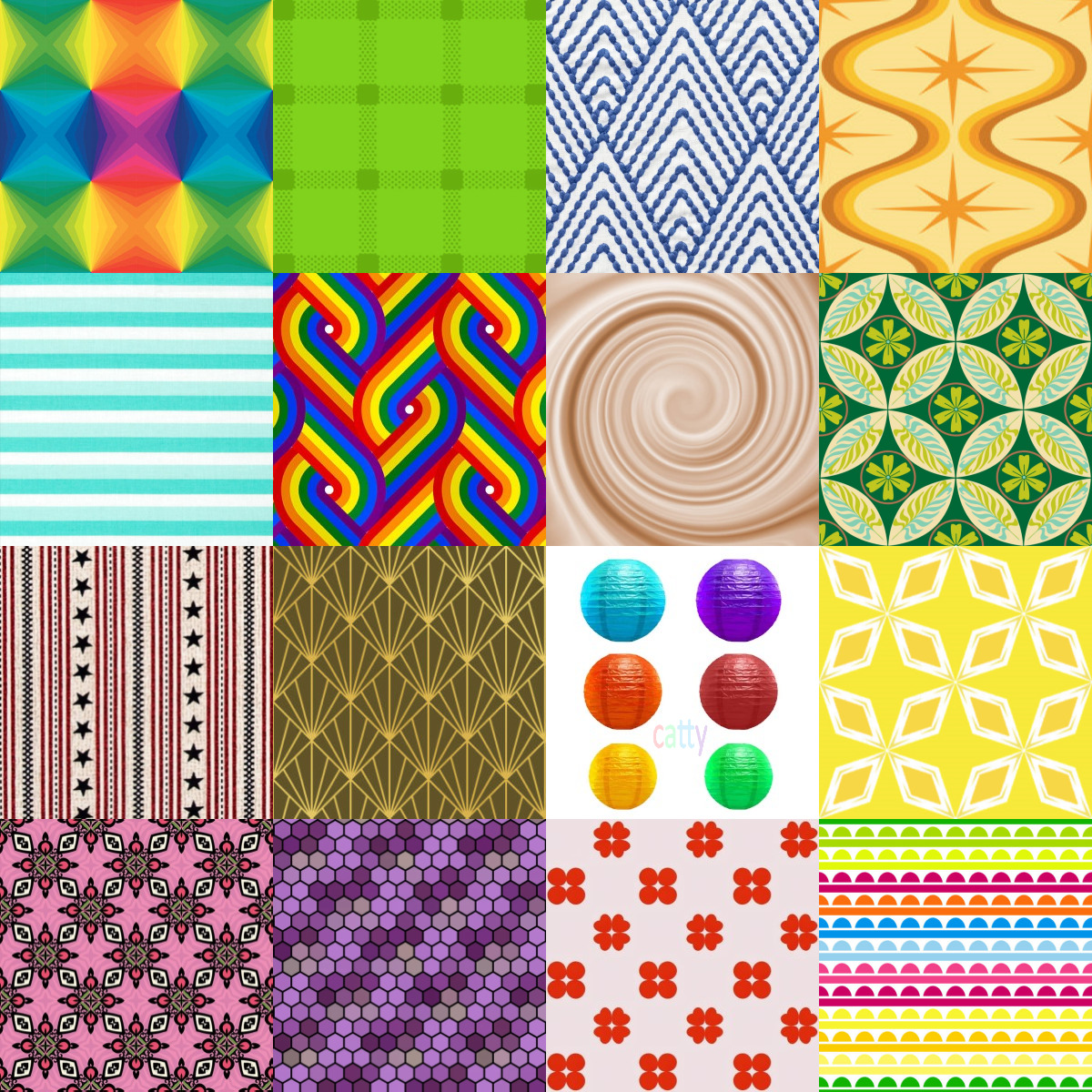 Grid of 20 colorful pattern squares with geometric, floral, and abstract designs in various bright colors