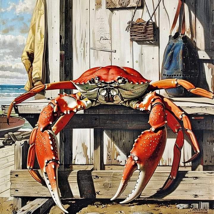 Large orange crab on weathered wooden dock with nautical equipment and ocean view